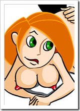 Dark eyed Kim Possible is slammed in her throat by dong and getting spewed with jizz on juicy tits