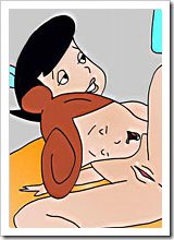 Wilma Flintstone on knees gets boned in both her holes by tied cock in the bathtub